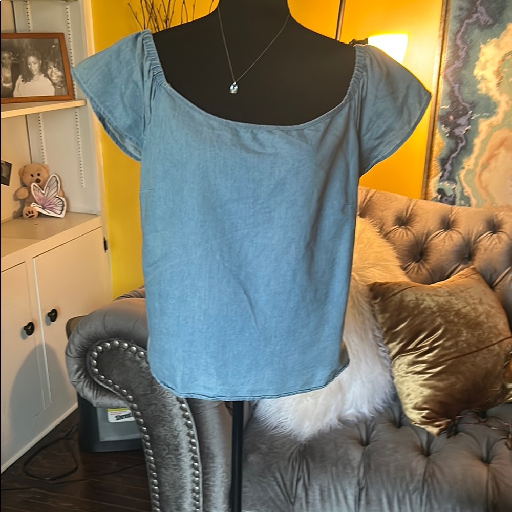 Ashley Stewart Blue denim off the shoulder top - Picture 2 of 9
